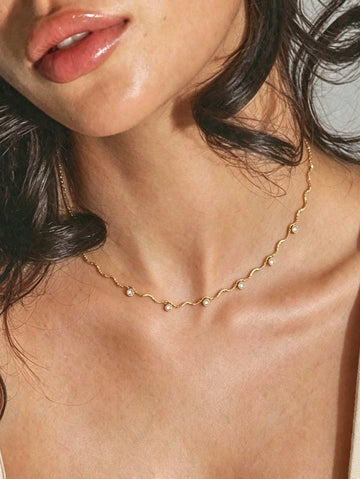 S SHOPBOHO 1pc Stainless Steel Delicate Waved Link Chain Collarbone Necklace With Crystal Diamond Minimalist Layering Gold Collar