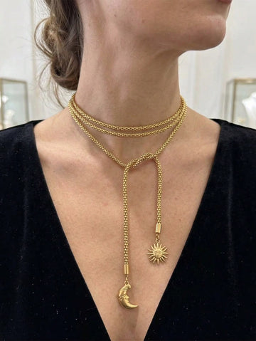 ZIRUISP 1pc Sun Moon Pendant Long Sweater Necklace For Women, Gold Stainless Steel Mesh Popcorn Chain Necklace