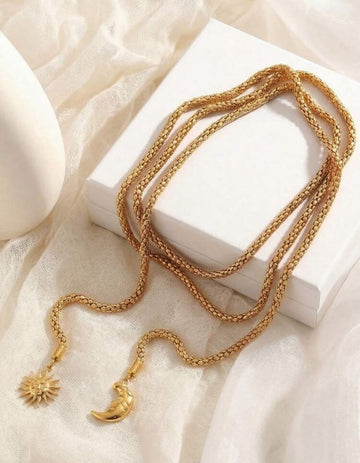 ZIRUISP 1pc Sun Moon Pendant Long Sweater Necklace For Women, Gold Stainless Steel Mesh Popcorn Chain Necklace