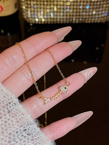 1PC Sparkling Bone Exquisite Glittering Fish Bone Pendant Ultra-Thin Necklace Women's High-End Jewelry