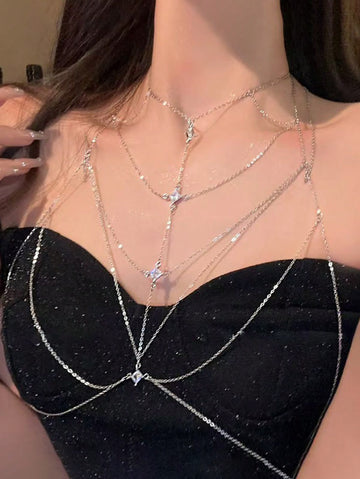 1pc Women's Sexy Zirconia Tassel Multi-Layer Chest Chain, Shiny Hollow Design Fashion Necklace, Suitable For Birthday Party, Banquet, Ball, Wedding, Beach Bikini Accessories