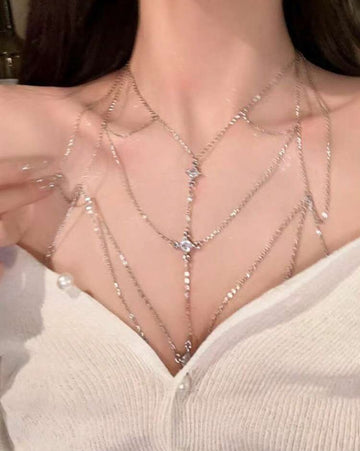 1pc Women's Sexy Zirconia Tassel Multi-Layer Chest Chain, Shiny Hollow Design Fashion Necklace, Suitable For Birthday Party, Banquet, Ball, Wedding, Beach Bikini Accessories