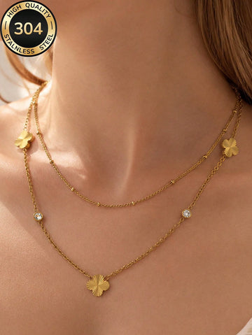 2pcs/Set 18K Gold Plated Women's Minimalist Sparkling Laser Four-Leaf Flower & Round Bead Layered Necklace Set