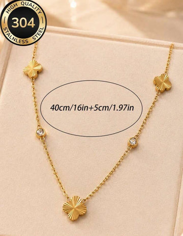 2pcs/Set 18K Gold Plated Women's Minimalist Sparkling Laser Four-Leaf Flower & Round Bead Layered Necklace Set