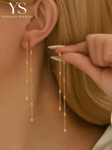 1 Pair Stainless Steel Women's Long Tassel Drop Earrings, Chain With Square And Bar Elements Jewelry Accessories