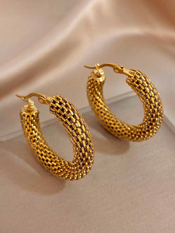 1 Pair Vintage Hollow Hoop Earrings, Stainless Steel Earrings For Women, Elegant Gold Tone Circular Earrings, Suitable For Daily Wear, Parties, Birthdays, Can Be Given As Jewelry Gifts