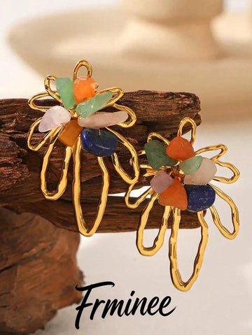 Frminee 1 Pair Summer Retro Floral 18K Gold Stainless Steel Earrings, Bohemian Style, Suitable For Daily And Holiday Wear, Fashion Western Jewelry Gift For Women
