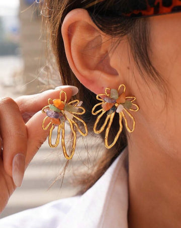 Frminee 1 Pair Summer Retro Floral 18K Gold Stainless Steel Earrings, Bohemian Style, Suitable For Daily And Holiday Wear, Fashion Western Jewelry Gift For Women