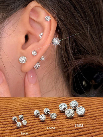 3 Pairs Stainless Steel Full Cubic Zirconia Ball Stud Earrings Set, Women/Girls Cute Shiny Cubic Zirconia Cartilage Earrings, Valentine's Day Gift, Gift For Mom/Mother, Mother's Day Gift