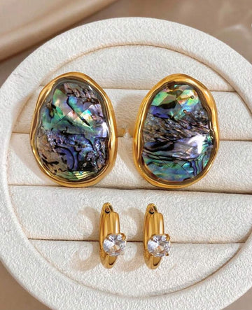 Luxuy Asymmetrical Abalone Shell Zirconia Stud Earrings For Women,Steel Gold Jewelry Gift,For Daily Party Birthday Valentine's Day, Boho/Y2K Accessories