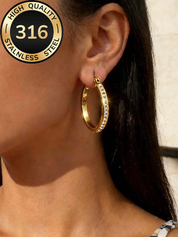 Luxury Delicate Diamond Inlaid Small Round Earrings, Gorgeous And Elegant Design, Made Of 316 Stainless Steel