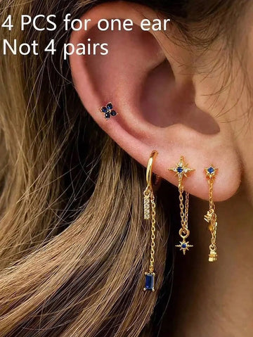 4pcs/Set Elegant 18K Gold Tassel Star Chain Stud Earrings Set, Women's Square Blue Earrings Jewelry Gift