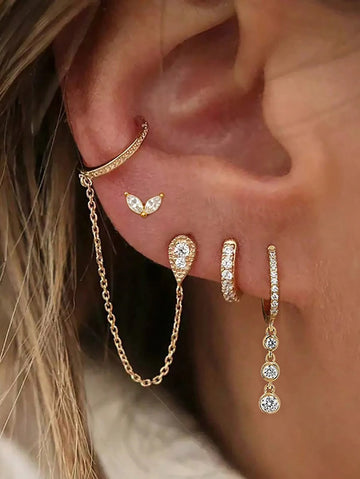 4pcs Luxury Geometric Round Zirconia Pendant Earring Set, Women's 18K Gold Stainless Steel Fashion Tassel Chain Stud Earrings Aesthetic Jewelry