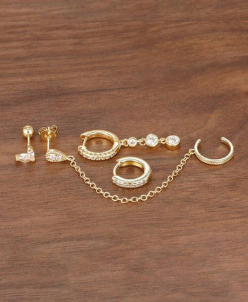4pcs Luxury Geometric Round Zirconia Pendant Earring Set, Women's 18K Gold Stainless Steel Fashion Tassel Chain Stud Earrings Aesthetic Jewelry