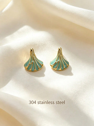 French Ins Summer Fresh Fan-Shaped Shell Enamel Stud Earrings, Delicate Soft Matte Metal Lines With Skin-Friendly Sweat-Resistant 304 Stainless Steel