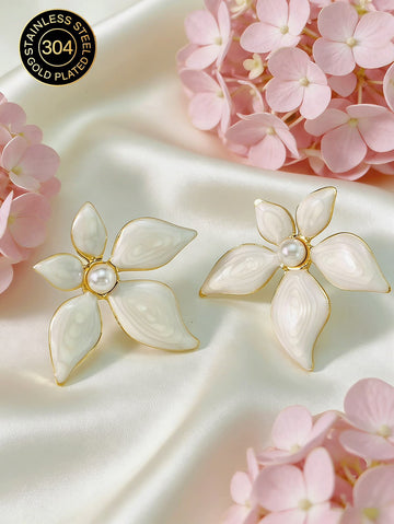 Women's Gold Flower Earrings, Gold Crystal Pearl Earrings, Spring & Summer Floral Statement Earrings, Jewelry Accessories