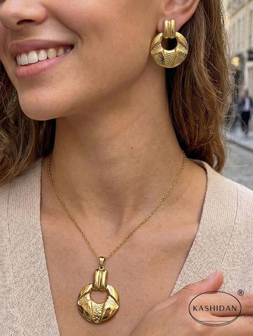 KASHIDAN 1 Set Gold Stainless Steel Waterproof Anti-Fade Hypoallergenic Women's Necklace And Earrings Set