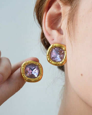 Frminee 1 Pair Vintage 18K Gold Plated Stainless Steel Cubic Zirconia Stud Earrings, Women's Jewelry Accessories, Gemstone Ornaments