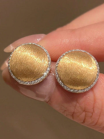 1pc Gold Textured Rhinestone Inlaid Round Stud Earrings, Niche Design, Versatile Vintage Style Suitable For Women's Daily Wear (Shipped Without Box)