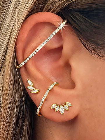 4Pcs Gold Plated Cubic Zirconia Ear Cuff & Stud Earrings Set, Elegant Leaf & Pave Ear Jewelry Gift For Women, Her Birthday & Part