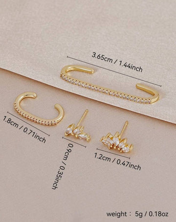 4Pcs Gold Plated Cubic Zirconia Ear Cuff & Stud Earrings Set, Elegant Leaf & Pave Ear Jewelry Gift For Women, Her Birthday & Part