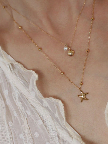 Tropiscape 1pc Casual Ins 2025 New 18K Gold Stainless Steel High Protection Double Layer Shell & Starfish Pendant Necklace