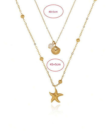 Tropiscape 1pc Casual Ins 2025 New 18K Gold Stainless Steel High Protection Double Layer Shell & Starfish Pendant Necklace