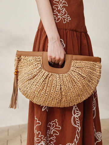 MOTF WOMEN'S FASHION KHAKI STRAW HANDBAG, SEMI-CIRCULAR DESIGN, EXQUISITE VACATION FRINGED BAG, SUITABLE FOR VACATION, TRAVEL, BEACH, SEASIDE, BOHEMIAN MATCHING