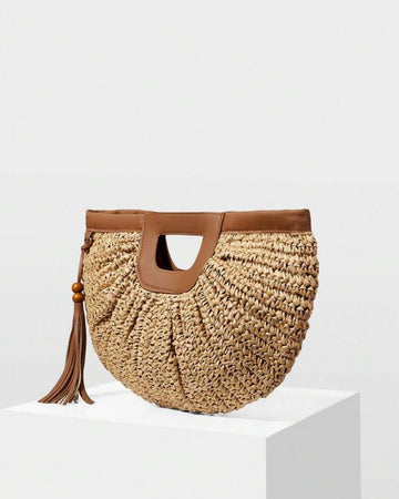 MOTF WOMEN'S FASHION KHAKI STRAW HANDBAG, SEMI-CIRCULAR DESIGN, EXQUISITE VACATION FRINGED BAG, SUITABLE FOR VACATION, TRAVEL, BEACH, SEASIDE, BOHEMIAN MATCHING