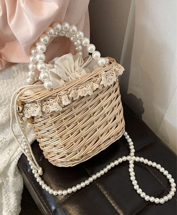 Handmade Woven Wicker Bag Pearl Decor Gift Basket With Handle, Suitable As Crossbody Bag Or Souvenir Bag, Drawstring Pouch, Home Decoration