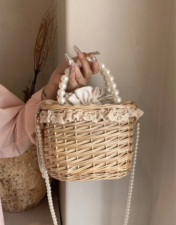 Handmade Woven Wicker Bag Pearl Decor Gift Basket With Handle, Suitable As Crossbody Bag Or Souvenir Bag, Drawstring Pouch, Home Decoration