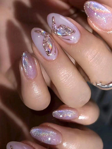 24Pcs Medium Almond Lavender Purple Press On Nails Colorful Aurora Glitter Sequins 3D Gold Foil Butterfly Cat Eye Glossy Fake Nails For Vacation Date