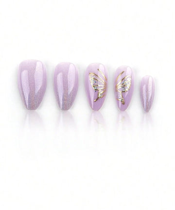 24Pcs Medium Almond Lavender Purple Press On Nails Colorful Aurora Glitter Sequins 3D Gold Foil Butterfly Cat Eye Glossy Fake Nails For Vacation Date