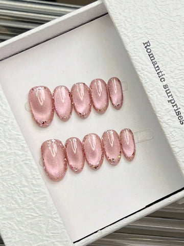 10pcs/Set Pink Ice Glitter Cat Eye Sequin Pink Edge Minimalist Nail Stickers, No Gems Or Decorations, Oval Press-On Nail Stickers, Short Full Coverage Fake Nail Stickers, Simple Elegant Style Press-On Nail Stickers.