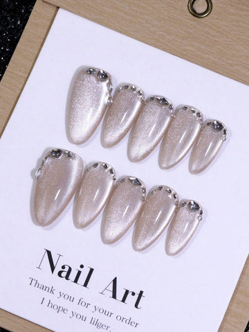 100% Handmade Sequin Rhinestone Decorated Cat Eye Nails, 10pcs Apricot Sequin Cat Eye Shape Reusable Fake Nails.