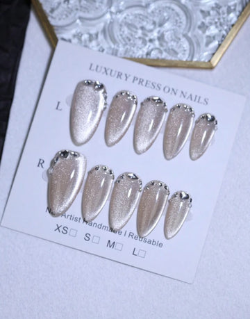 100% Handmade Sequin Rhinestone Decorated Cat Eye Nails, 10pcs Apricot Sequin Cat Eye Shape Reusable Fake Nails.