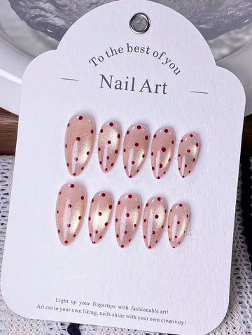 10pcs Handmade Almond-Shaped Pink Glossy Cat Eye & Red Polka Dot Valentine's Day Design False Nails.