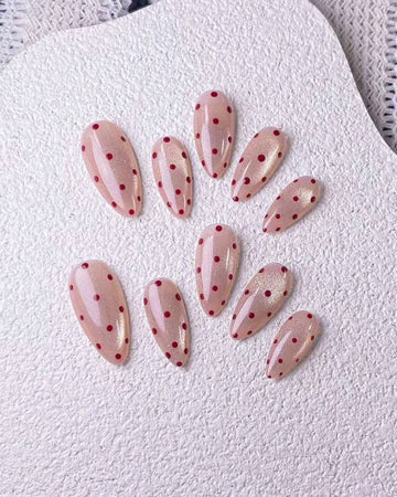 10pcs Handmade Almond-Shaped Pink Glossy Cat Eye & Red Polka Dot Valentine's Day Design False Nails.