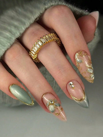 10pcs Y2K Style Gold Almond-Shaped Long Sequin False Nails Set