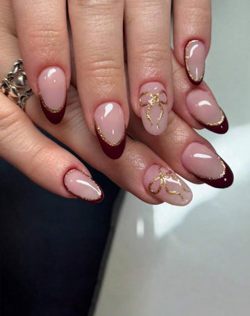 24pcs Short Oval Cute Bow Sequin Nail Stickers, Burgundy French Manicure Stickers, Perfect Fit For Short Acrylic Fake Nails, Includes: 1pc Gel Polish And 1pc Nail File