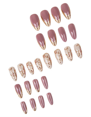 24pcs Medium Almond Shaped Press-On Nails, Grey Pink Cat Eye False Nails, Vintage 3D Gold Foil French Tip & Cream White Gold Foil Floral Pattern, Glossy Shiny Cat Eye Fake Nails, Elegant Party Style
