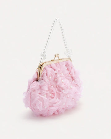 TuEzra Women's Elegant Pink 3D Floral Clutch Bag, 3D Rose Pearl Decor Handle Evening Bag, Bride Handbag With Detachable Gold Chain Strap