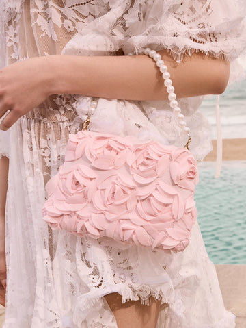 1pc Elegant 3D Rose Flower Shoulder Bag, Metal Chain Crossbody Bag, Faux Pearl Handbag, Women's Party Dress, Party Bag, Holiday Party Dress, Valentine's Gift, Bridal Bag, Bridesmaid Bag