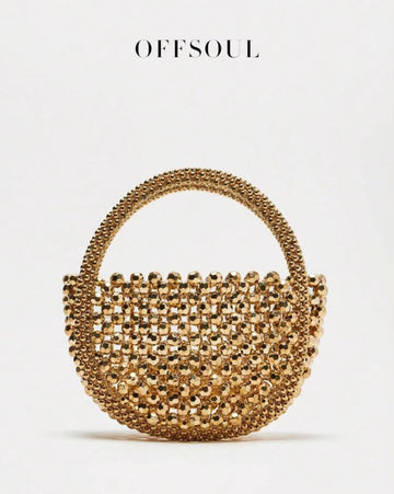 French Elegant Hollow Metallic Beaded Woven Pearl Round Handle Bag, Shiny Glamorous Shoulder Bag Suitable For Party, Wedding, Banquet, Clutch Purse