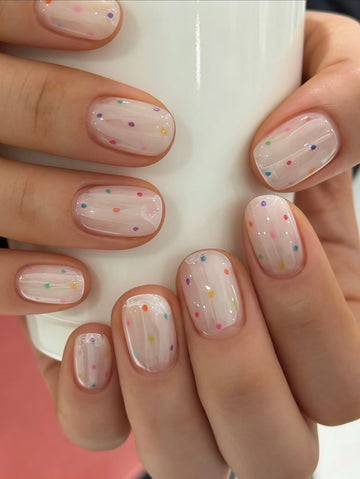 24pcs Colorful Polka Dots Press On Nails Simple False Nails Short Nails Art Fake Nails Oval Shape Nails Press On Manicure Set Includes 1sheet Adhesive Tabs & 1pc Nail File Suitable For Everyday Wear