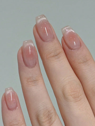 24pcs Cat Eye French Manicure Nail Stickers, Medium Coffin Shape, With Blush French Decor, Minimalist Style, Glossy Full Coverage False Nails, Suitable For Women And Girls Daily Wear Nail Supplies