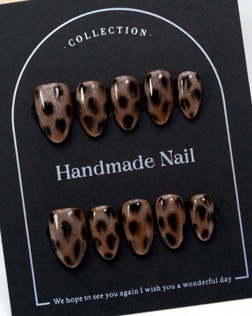 BEETLE NAILS 100% Handmade Short Almond Shape Press-On Nails, Hand-Painted Tortoise Shell Print With Brown Cat Eye Glitter Base
