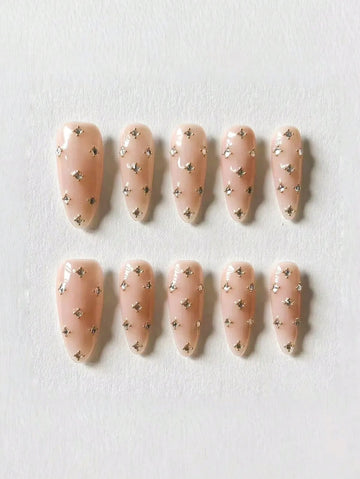 Handmade Medium Almond Press On Nails, Nude Glossy Rhinestone Fake Nails, Reusable Full Cover Stick On Nails For Women, 10Pcs With Jelly Glue & Nail File