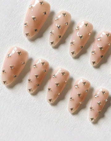 Handmade Medium Almond Press On Nails, Nude Glossy Rhinestone Fake Nails, Reusable Full Cover Stick On Nails For Women, 10Pcs With Jelly Glue & Nail File