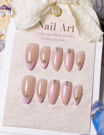 10pcs Handmade Almond Nude Blush Octagonal Starburst Gold Mirror Powder 3D French Cute Minimalist Elegant False Nails Nail Supplies Handmade Press On Nails
